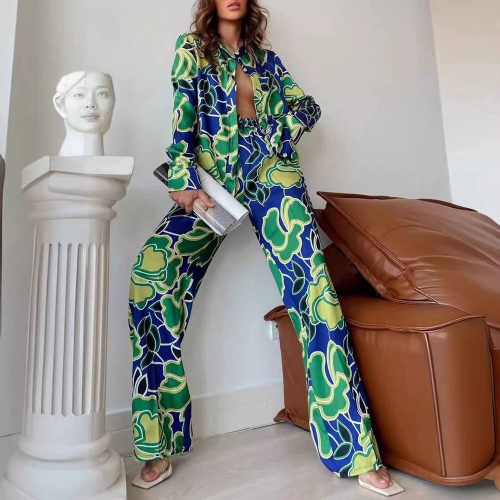 ZARA Fashion Print Loose Long Sleeve Shirt Straight Leg Pants Set 4 Seasons